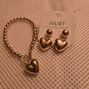 Single strand gold bead bracelet with heart charm & heart earrings to match